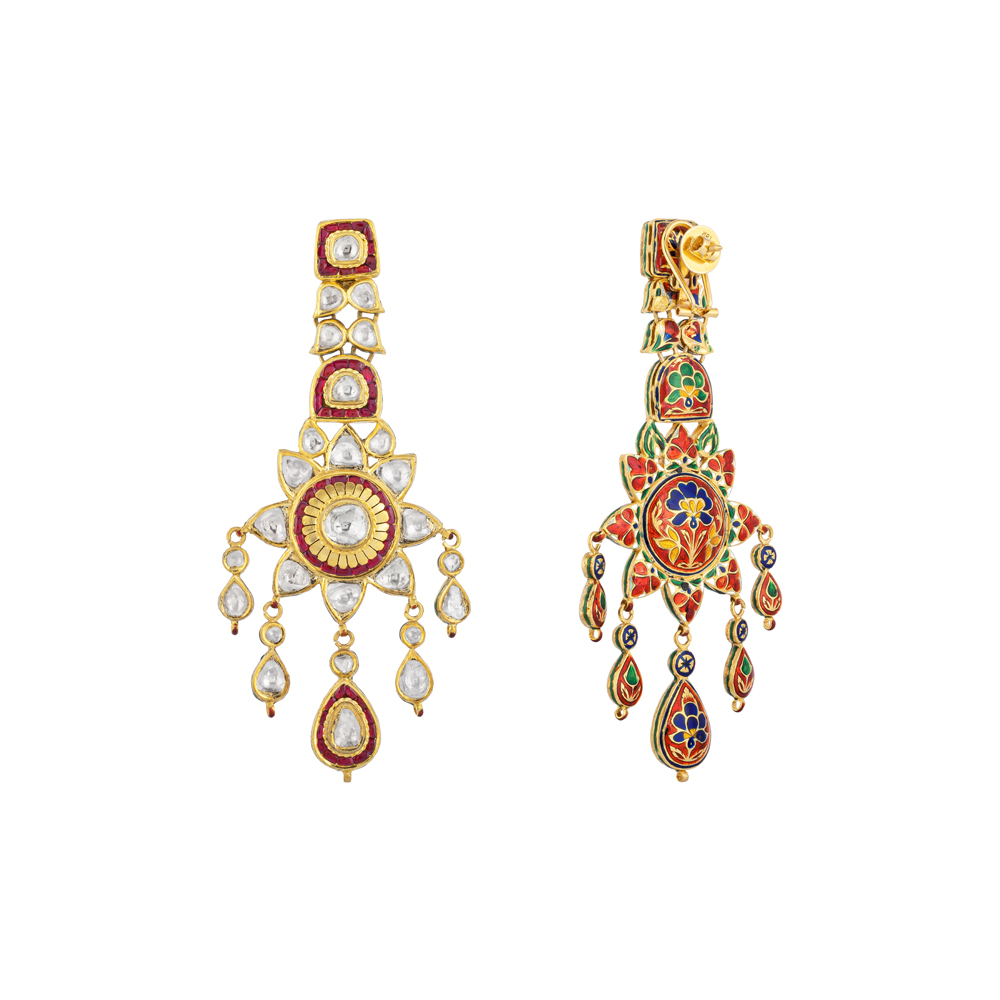 Sunburst Polki Earrings with Red Talaf & Teardrop Polkis